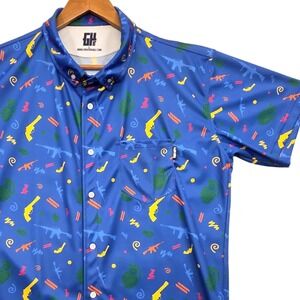 Greater Half Gun AOP‎ Performance Button-Down Polo Shirt Blue Mens Large